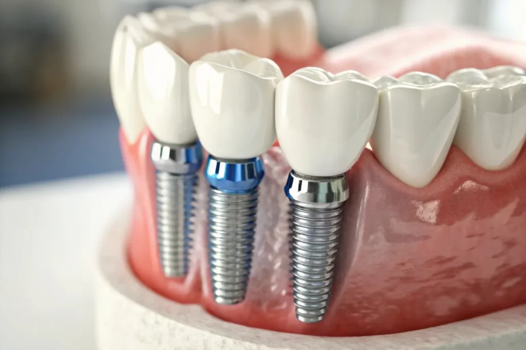 3D illustration of three dental implants with metal posts and crowns in gum tissue and jawbone