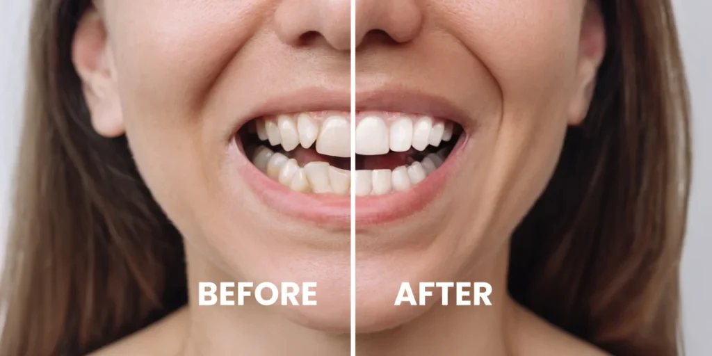 Split before and after comparison of smile showing gum contouring results