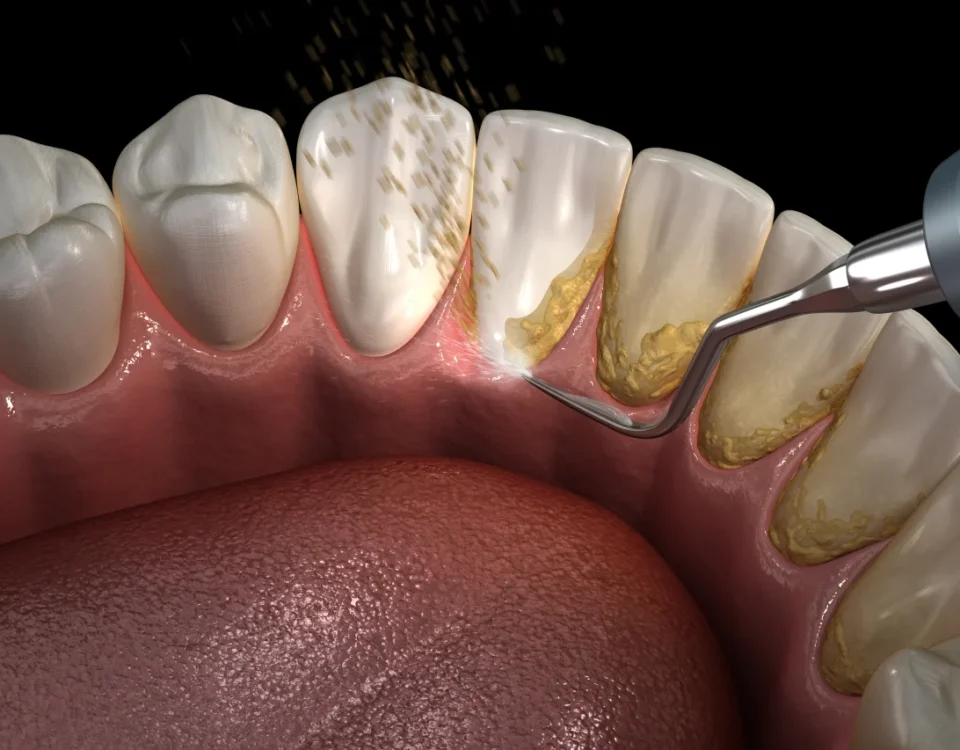 Dental scaler removing tartar from lower teeth