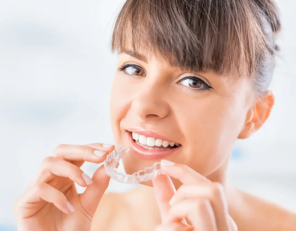 Woman inserting clear aligners tacoma wa at Davis Dental Group showing how transparent aligner trays fit over teeth